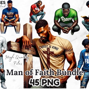 Paquete de 45 imágenes prediseñadas de hombres negros de fe, 45 imágenes PNG de adoración cristiana, descarga digital, imágenes prediseñadas de estudio bíblico de hombre de Dios, hombres de oración, sublimación