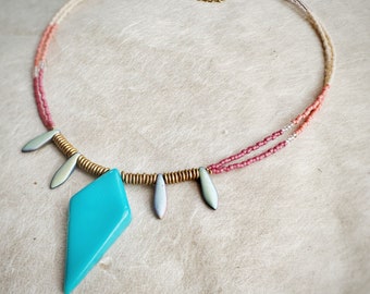 Retro Futurism Necklace, teal and coral