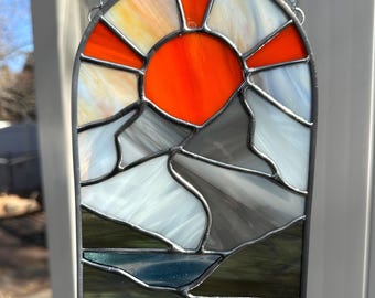 Stained Glass Mountain with Lake Suncatcher: Handcrafted Window Hanging