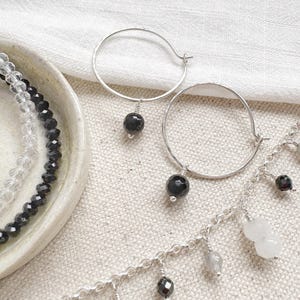 Winter Hoop silver earrings with black agate - festival earrings - sterling silver earrings - gift for her - black gemstone hoop earrings