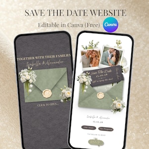 May include: Two smartphone screens showcasing a wedding save-the-date website design. The design includes an envelope with a wax seal, floral details, and the text "Save the Date Website." The text "Instant Download" is also visible.