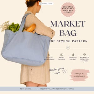 May include: A light blue canvas market bag PDF sewing pattern by Flax & Fable. The graphic features text including Market Bag, Designed for Heavy Grocery Loads, and Make Your Own. It lists features like detailed instructions, photo tutorial, and A4, trimless, projector, and A0 files.