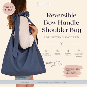 Pode incluir: Uma bolsa de ombro reversível azul com uma alça de laço grande, apresentada num molde de costura em PDF da Flax & Fable. O design inclui três tamanhos: mini, everyday e oversized. O molde fornece instruções detalhadas, um tutorial fotográfico e ficheiros A4, trimless, projetor e A0.