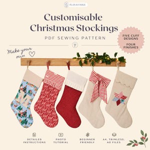 May include: A PDF sewing pattern for customisable Christmas stockings by Flax & Fable. The image displays five varied stockings hanging on a wooden rack, featuring different fabrics, patterns, and cuff designs, including text details.