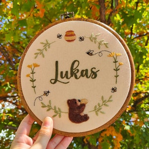 Personalized Baby Name Hoop • Bear and Bee Woodland Nursery Decor • Custom Keepsake for Baby Shower Gift • Newborn Name Sign
