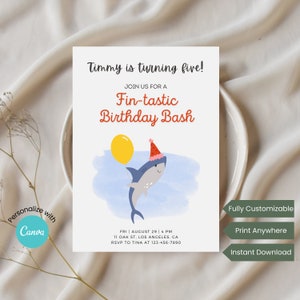 May include: A blue and gray shark with a red party hat and a yellow balloon is the centerpiece of this birthday party invitation. The invitation is for a "Fin-tastic Birthday Bash" and includes the date, time, location, and RSVP information.