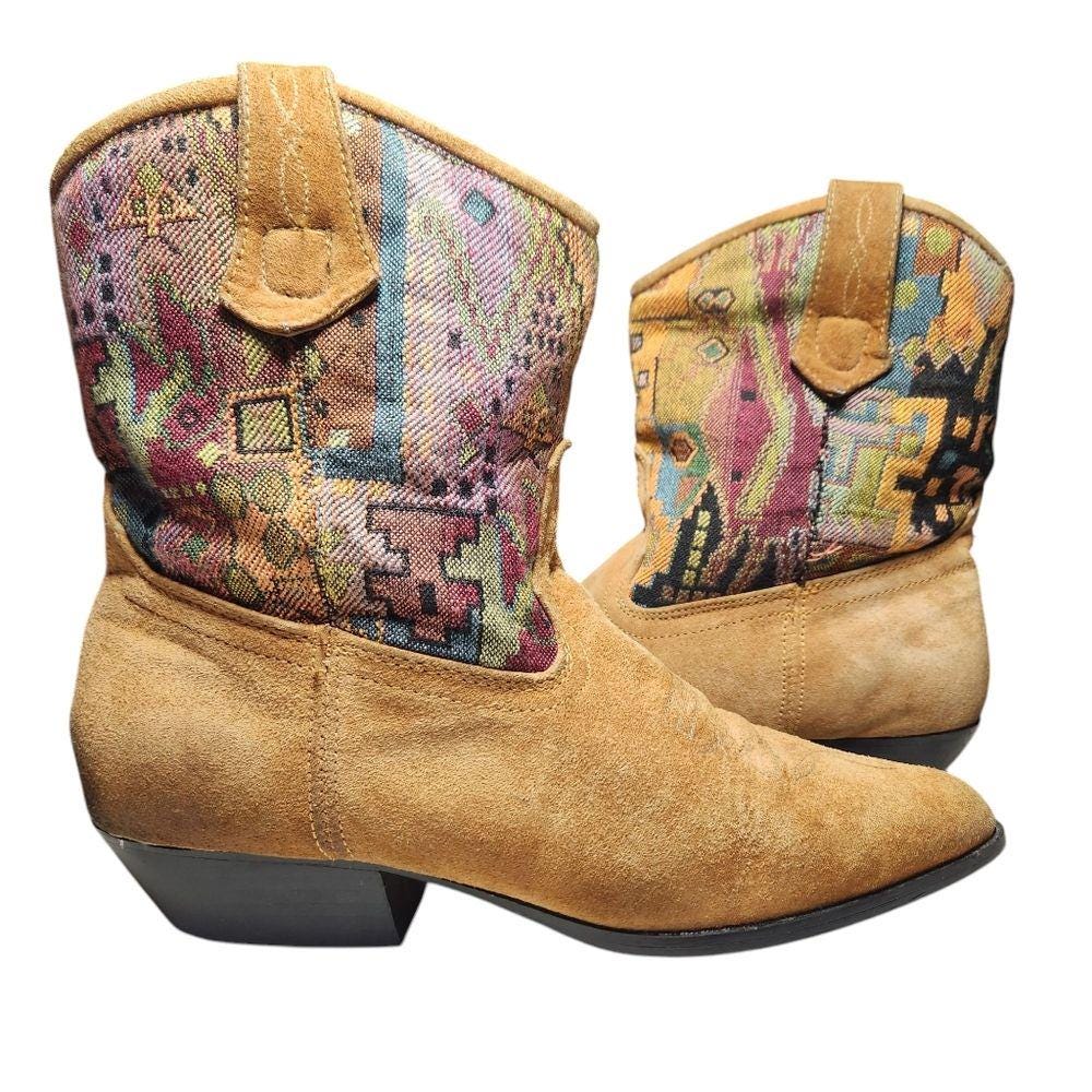 Vintage 90s Backtrails Midi Low Cowboy Boots Suede Leather