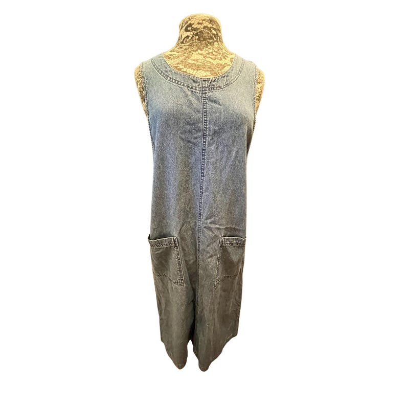 Vintage 90s Denim Dress Large Midi Tencel Cotton Blend Pinafore USA Cottagecore image 4