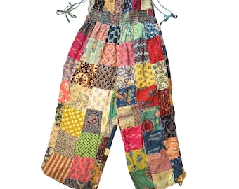 Vintage Y2K Gypsy Rose Patchwork Jumpsuit One Size Festival Hippie Wide Leg