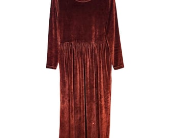Vintage Brown Velvet Maxi Dress: 80s Empire Waist Cottagecore