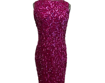 Vintage 80s Pink Silk Cocktail Dress 12 Sequins Embellished Barbie Party Glam
