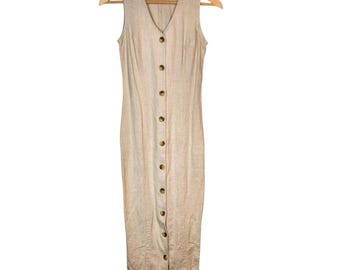 Vintage 90s Linen Sleeveless Maxi Dress Beige Cottagecore Scandi Euro Boho XS