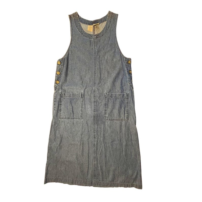 Vintage 90s Denim Dress Large Midi Tencel Cotton Blend Pinafore USA Cottagecore image 1