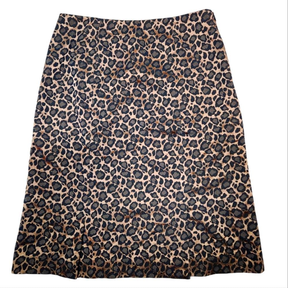 Vintage Y2K Harolds Skirt A-line Leopard Animal Print Brown Black Metallic Slit Vented Ruffle Hem Zipper Retro Career Office Closet Staple 4