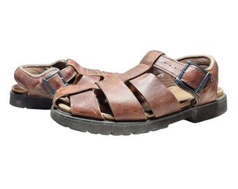 Vintage 90s Mens Brown Leather Fisherman Sandals Gorpcore Dad Shoes Grunge 10