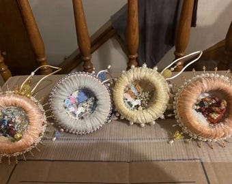 RARE vintage Christmas Holiday ORNAMENTS & Hand Made Sequin Beaded Push Pin
