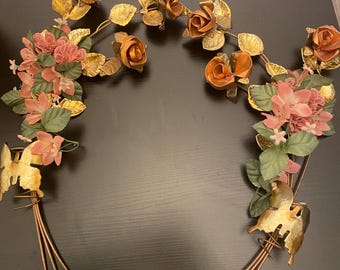 Metal Roses Wall Art Deco Set of 2 Regency Copper Brass Floral Gold Leaf