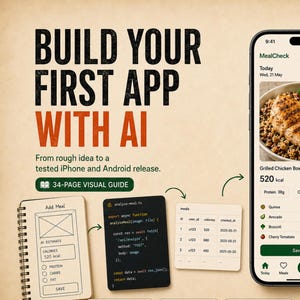 Può includere: Una guida visiva intitolata BUILD YOUR FIRST APP WITH AI che mostra uno smartphone con l'interfaccia dell'app MealCheck, una ciotola di pollo grigliato, un taccuino, frammenti di codice e una copertina di libro verde scuro.