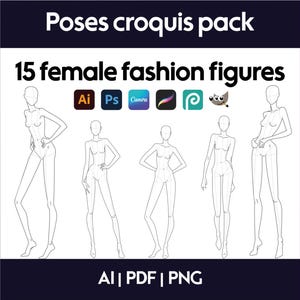 Op de afbeelding: Een set van 15 vrouwelijke modefiguur croquis poses in een lijntekening stijl. De poses zijn in verschillende staande posities. De afbeelding bevat de tekst "Poses croquis pack" en "15 vrouwelijke modefiguren".