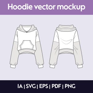 May include: A white and gray hoodie with long sleeves and a kangaroo pocket. The hoodie is cropped and has a drawstring hood.