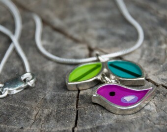 Purple bird , leaf necklace , sterling silver , resin , blue , green