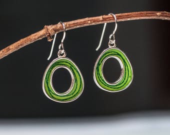 Bagel retro earrings,sterling silver,resin inlay,green,mixed media,hand made