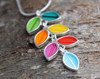 Colorful long vine necklace , silver , resin inlay