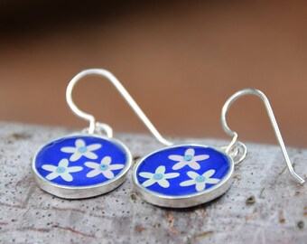 Blue Circle Flower Silver Resin Earrings