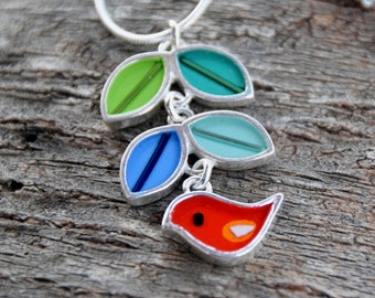 Red bird vine necklace,sterling silver,resin inlay,colorful,mixed media