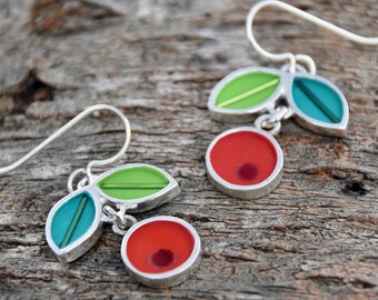Cherry earrings,red,green,resin,sterling silver,mixed media,hand made