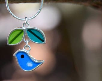 Blue bird , leaf necklace , sterling silver , resin , blue , green