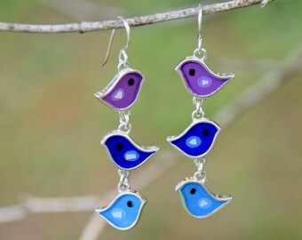 Cascading bird silver earrings, blue, purple,resin