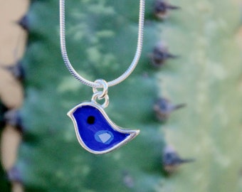 Charm necklace ,Navy Blue Bird, Sterling silver, Resin inlay, Hand Made