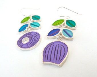 Dutch long vine earrings,sterling silver,cool colors,resin inlay,mixed media,hand made