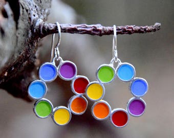 Rainbow earrings,resin inlay,sterling silver,hand made,mixed media