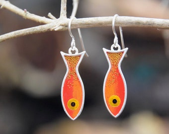 Goldfish earrings, red, orange, sterling, silver, resin inlay, mixed media, hand made