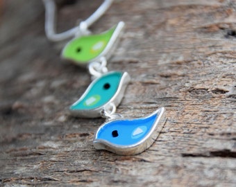 Cascading Birds Necklace,blue green,resin