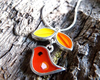 Blue bird leaf necklace , sterling silver , resin , orange , yellow , red