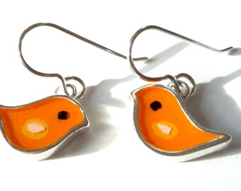Bird earrings,sterling silver,resin inlay,orange,mixed media,hand made