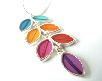 Colorful long vine necklace , silver , resin inlay