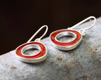 Bagel retro earrings,sterling silver,resin inlay,red,mixed media,hand made