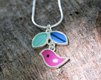 Purple bird , leaf necklace , sterling silver , resin , blue , robin blue