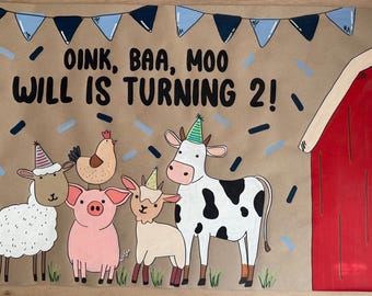 Hand Painted Farm Animal Birthday Banner: Custom Barnyard Party Decor