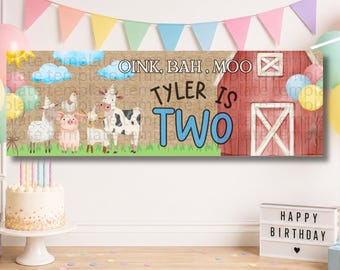 Farm Animal Birthday Banner Template | Oink Bah Moo Party Decor