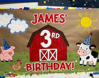 Hand Painted Farm Animal Birthday Banner: Custom Barnyard Party Decor