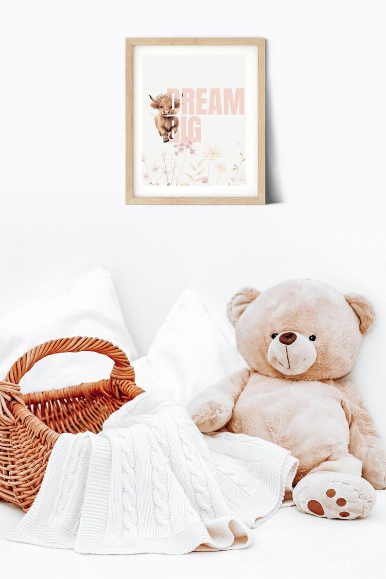 Highland Cow Nursery Print, Girl Highland Cow Room Decor, Dream Big