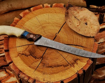 Handmade Damascus Steel Fillet Knife: Bone Handle with lather sheath