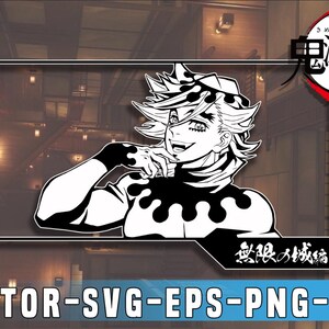 May include: Black and white illustration of a character from the anime series, Demon Slayer. The character has spiky white hair and is wearing a black and white outfit. The image includes Japanese text and the words "VECTOR-SVG-EPS-PNG-JPG".