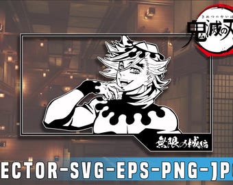 Puede incluir: Ilustración en blanco y negro de un personaje de la serie de anime Demon Slayer. El personaje tiene el pelo blanco puntiagudo y lleva un atuendo en blanco y negro. La imagen incluye texto japonés y las palabras "VECTOR-SVG-EPS-PNG-JPG".