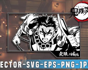 Puede incluir: Ilustración en blanco y negro de un personaje de la serie de anime Demon Slayer. El personaje sostiene un arma y una cadena. La imagen incluye texto japonés y las palabras VECTOR-SVG-EPS-PNG-JPG.